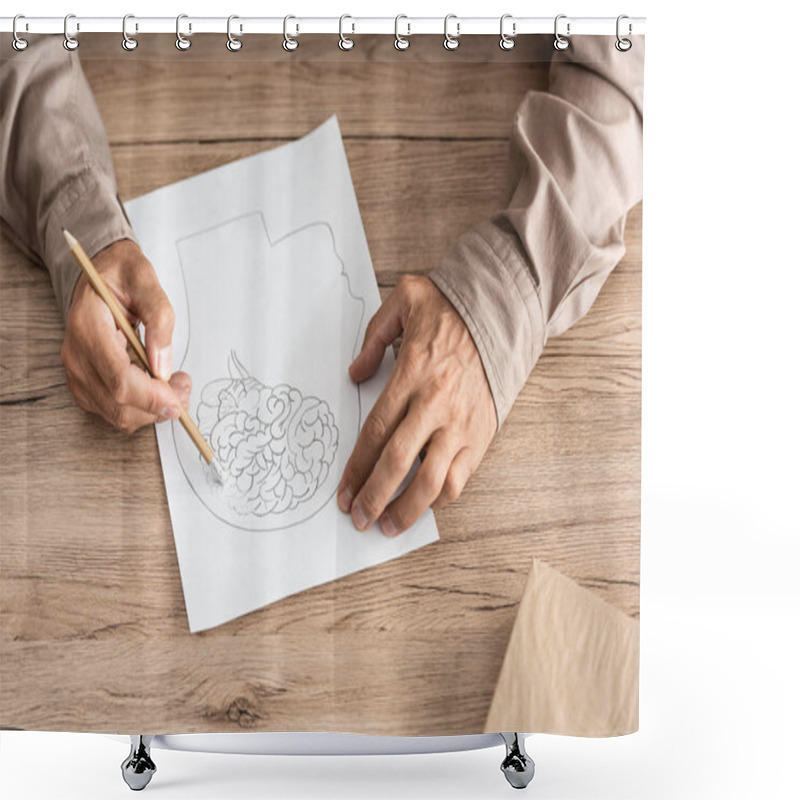 Personality  Cropped View Of Retired Man With Alzheimer Disease Drawing Human Head And Brain  Shower Curtains