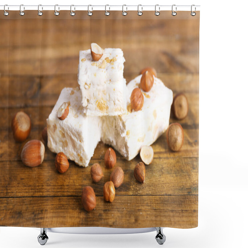 Personality  Sweet Nougat With Hazelnuts On Wooden Background Shower Curtains