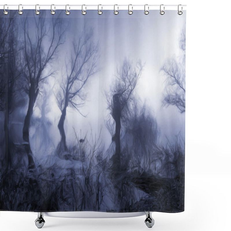 Personality  Dark Landscape Painting Showing Trees In The Misty Swamp Shower Curtains