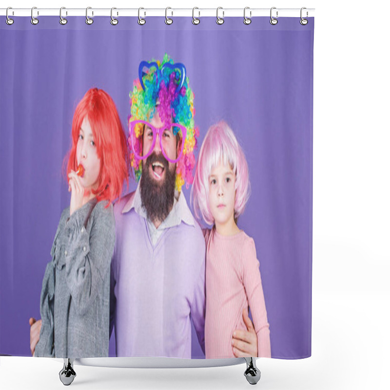 Personality  Just For Fun. Party Time. How Crazy Is Your Father. Man Bearded Father And Kids Girls Wear Colorful Wig Violet Background. Friendly Family Wear Party Accessories. Best Dad Ever. Father Hug Daughters Shower Curtains