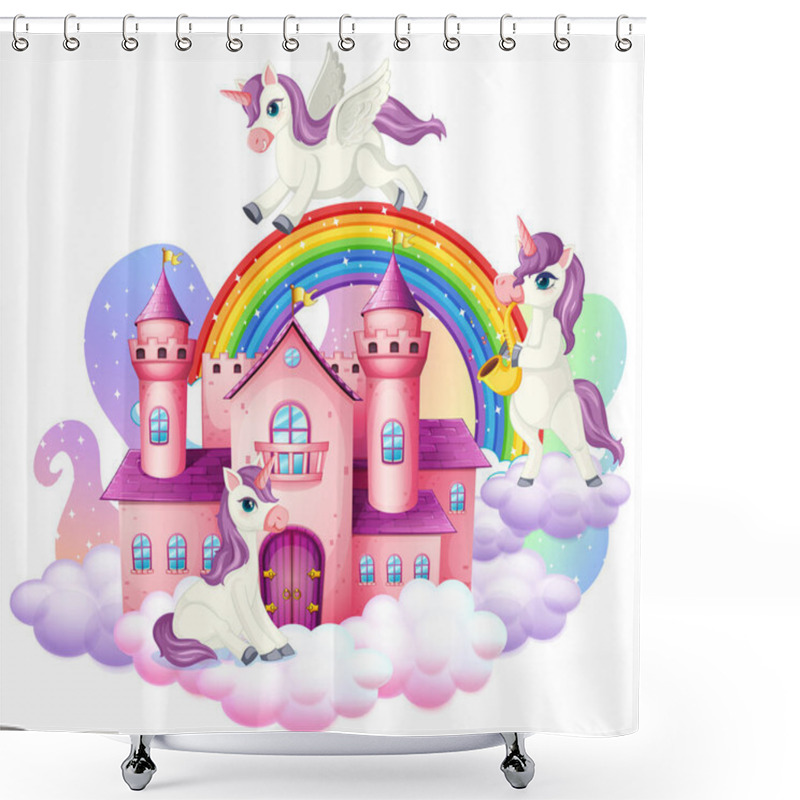 Personality  Many Cute Unicorns Cartoon Character With Castle On The Cloud Illustration Shower Curtains