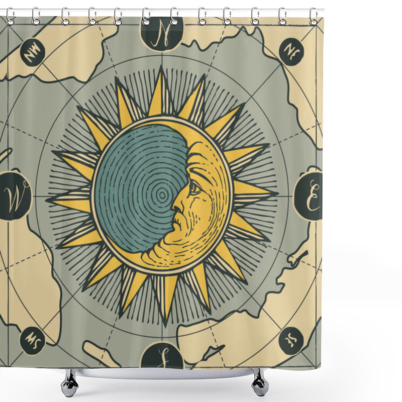 Personality  Vector Banner With Sign Of Moon, Sun And Old Map Shower Curtains