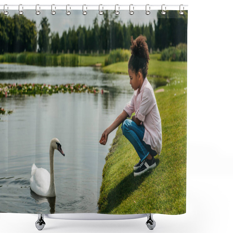 Personality  Kid Feeding Swan In Park Shower Curtains