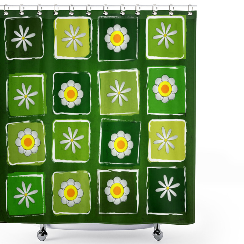 Personality  White Flowers In Squares Over Green Old Paper Background Shower Curtains