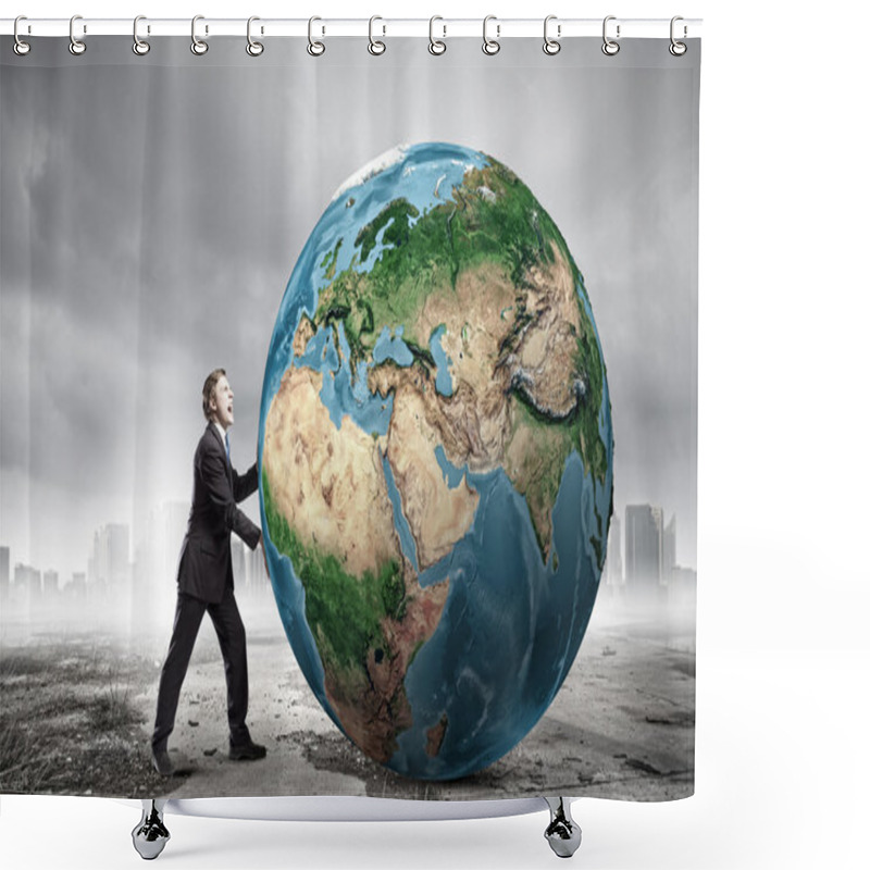 Personality  Businessman Pushing Big Earth Planet Shower Curtains