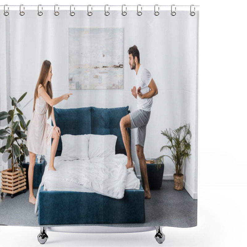 Personality  Young Emotional Couple Quarrel Angrily And Gesturing In Bedroom Shower Curtains