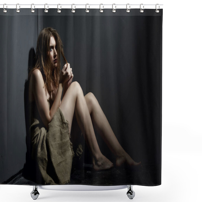 Personality  Concept. Model Posing As Victim Of Kidnapping Shower Curtains