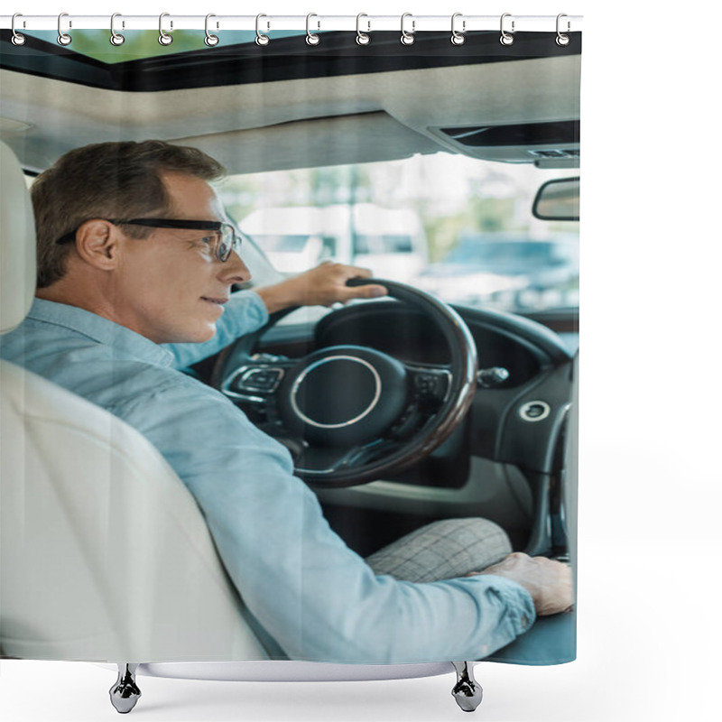 Personality  Rear View Of Handsome Adult Man Driving Luxury Car Shower Curtains