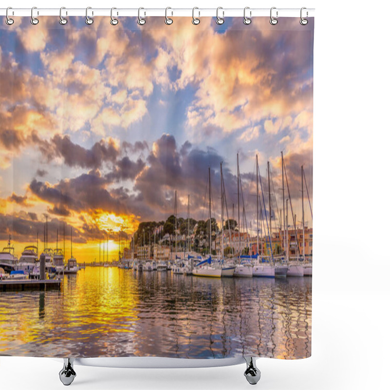 Personality  Scenic View Of The Mediterranean Sea Against Dramatic Winter Sunset In The Small Fishing Port Of Sanary Sur Mer In South Of France Shower Curtains