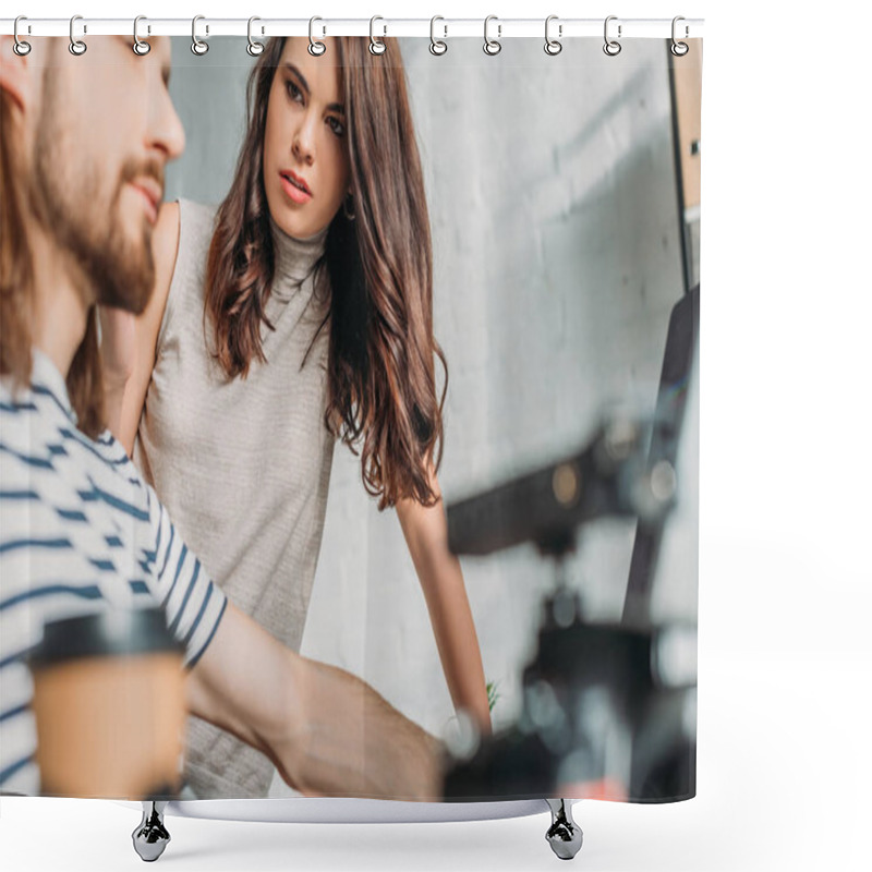 Personality  Selective Focus Of Attractive Editor Looking At Bearded Coworker  Shower Curtains