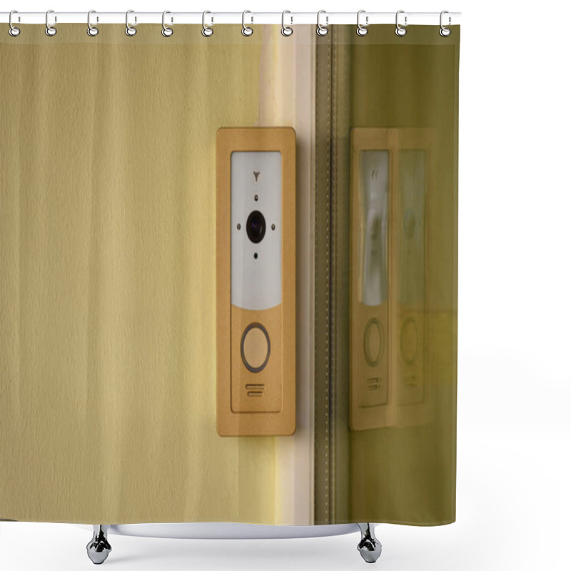 Personality  Close Up View Of Intercom On Yellow Building Facade Shower Curtains