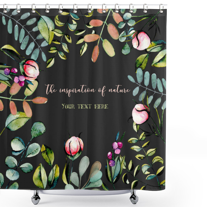 Personality  Template Postcard With Eucalyptus Branches, Pink Peony Flowers Buds And Green Plants Watercolor Illustration Shower Curtains