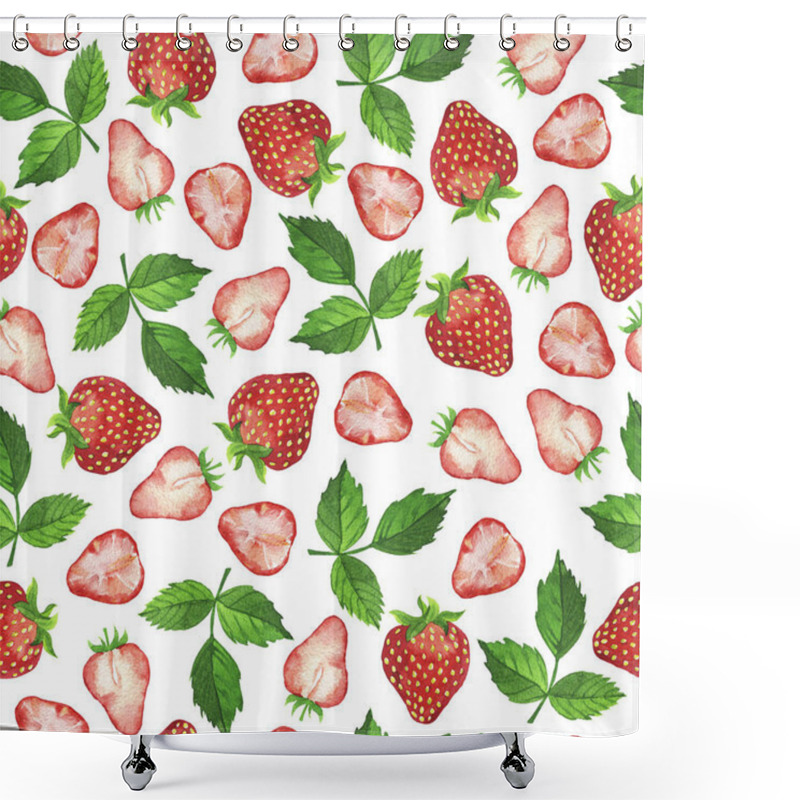 Personality  Seamless Pattern With Fresh Red Strawberries And Green Leaves On White Background. Hand Drawn Watercolor Illustration Shower Curtains