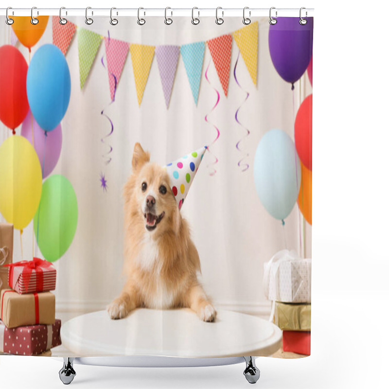 Personality  Cute Dog Wearing Party Hat At Table In Room Decorated For Birthday Celebration Shower Curtains