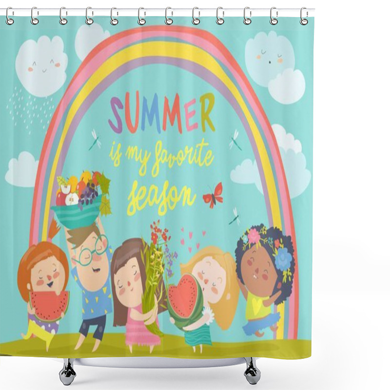 Personality  Cartoon Children With Flowers And Fruits. Hello Summer Shower Curtains