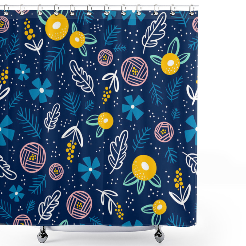 Personality  Floral Doodle Pattern On Blue Shower Curtains