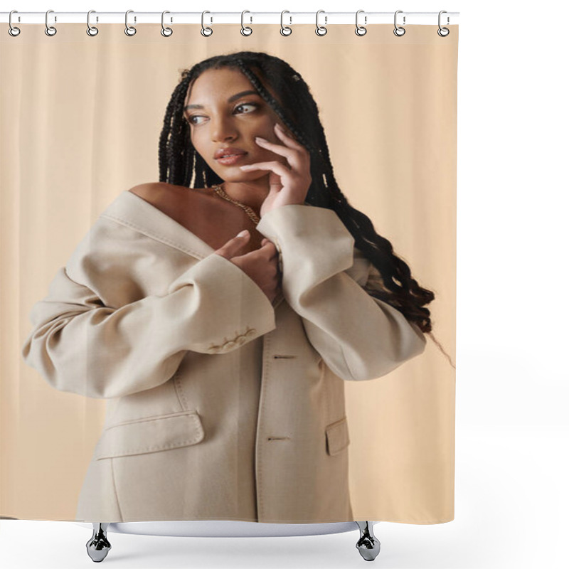 Personality  Black Woman With Long Braids In Beige Blazer, Confidently Posing With A Stylish Expression Shower Curtains