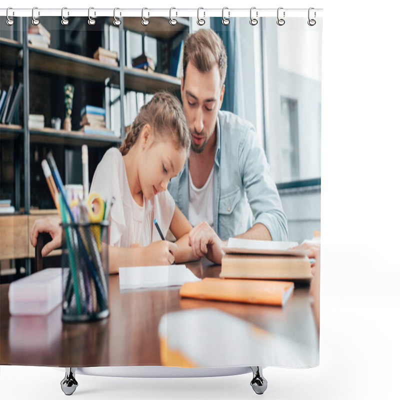 Personality  Father Doing Homework With Daughter Shower Curtains