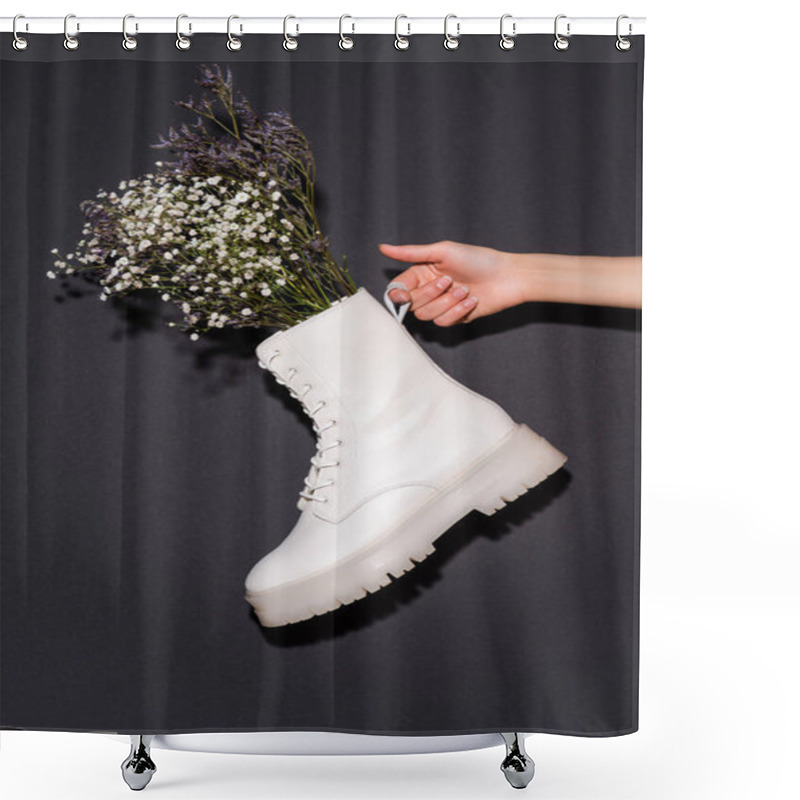 Personality  Cropped View Of Woman Holding White Boot With Wildflowers On Black Background Shower Curtains