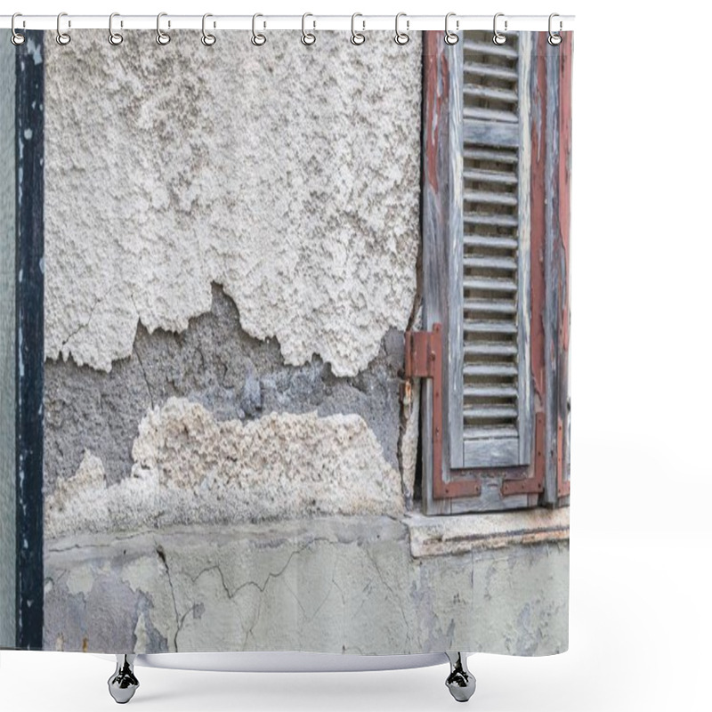 Personality  A Damaged House Wall And Flaked Exterior Plaster With A Large Hole, Germany Shower Curtains