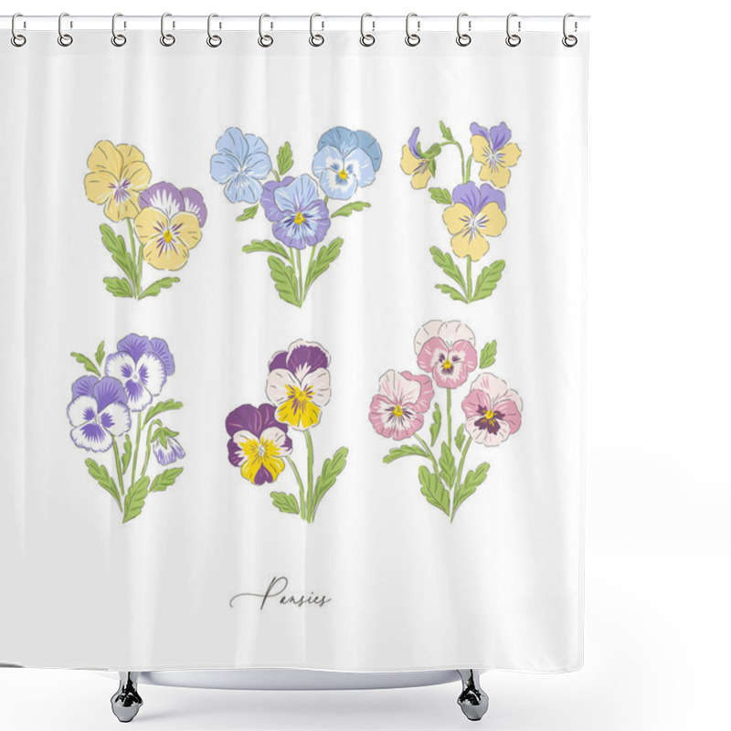 Personality  Pansy Spring Flower Botanical Hand Drawn Vector Illustration Set Shower Curtains