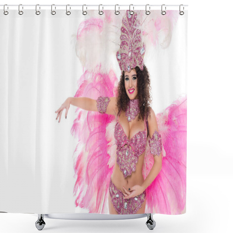 Personality  Smiling Girl Posing In Carnival Costume With Pink Feathers, Isolated On White Shower Curtains