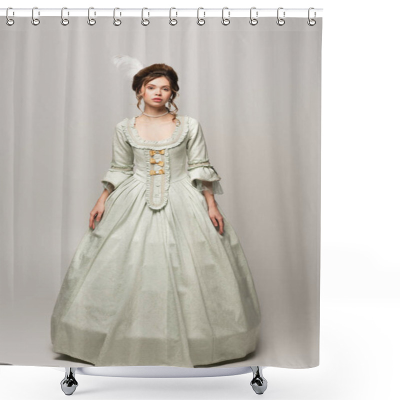 Personality  Full Length View Of Young Woman In Elegant Retro Dress Isolated On Grey Shower Curtains