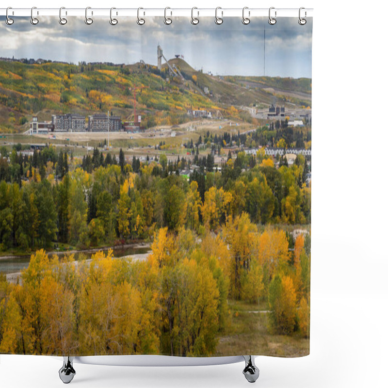 Personality  The Bow River Valley And The Trinity Development During Autumn Colours In Calgary Alberta Canada. Shower Curtains