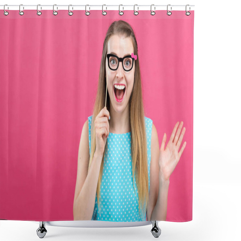 Personality  Young Woman Holding A Paper Glasses Party Stick Shower Curtains