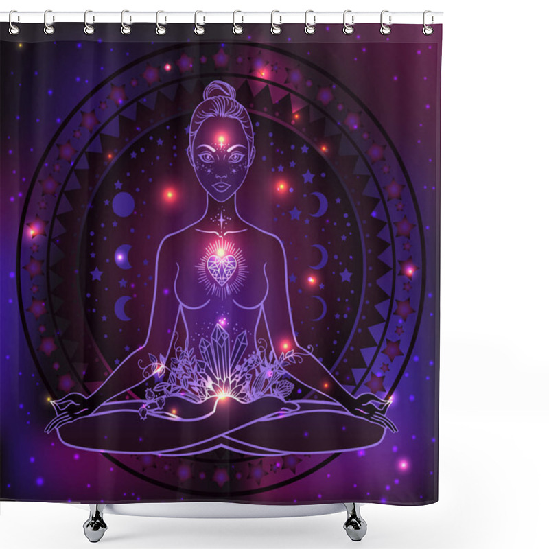 Personality  Beautiful Woman Silhouette Sitting In Lotus Pose With Flowers And Ethnic Art. Power Of Girls. Meditation, Yoga, Kundalini, Tantra, Ayurveda, Aura And Chakras. Vector Illustration. Shower Curtains