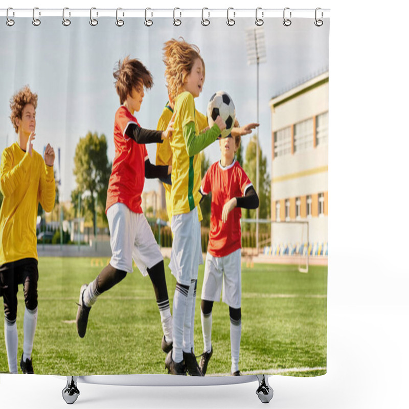 Personality  A Diverse Group Of Young Children Are Enthusiastically Playing A Game Of Soccer. They Are Running, Kicking The Ball, And Cheering Each Other On. The Sun Is Shining, And The Grass Field Is Vibrant Green. Shower Curtains