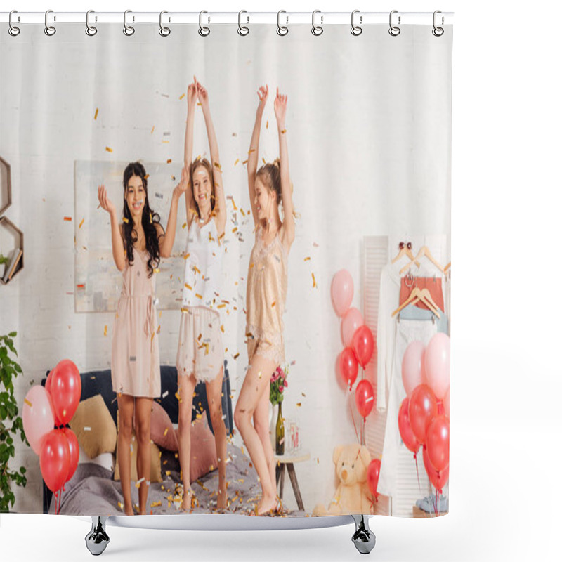 Personality  Beautiful Multicultural Girls In Nightwear Dancing And Having Fun Under Falling Confetti During Pajama Party Shower Curtains