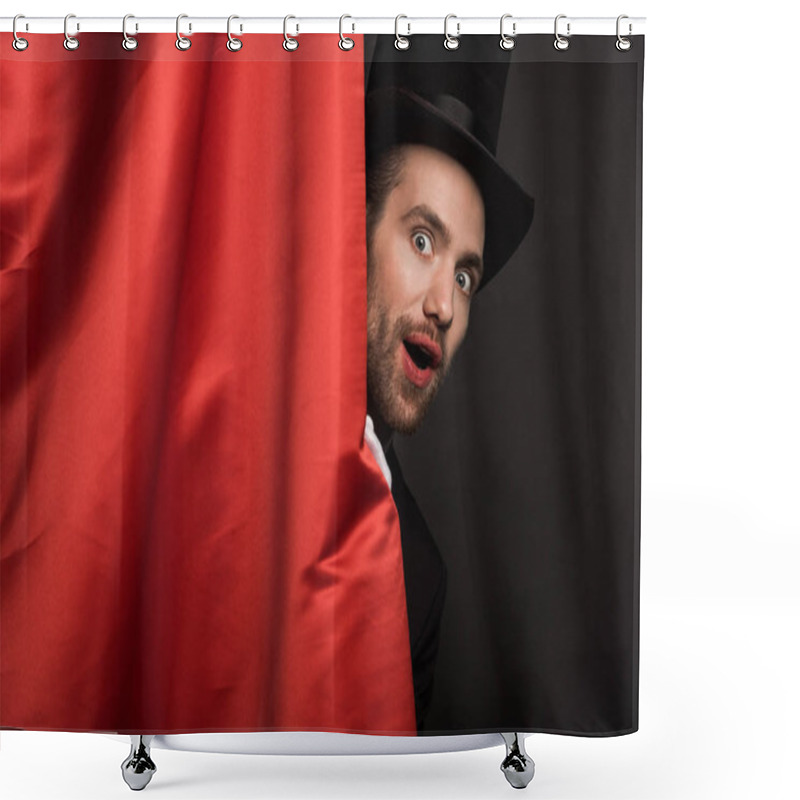 Personality  Handsome Shocked Magician In Suit And Hat In Circus With Red Curtains Shower Curtains