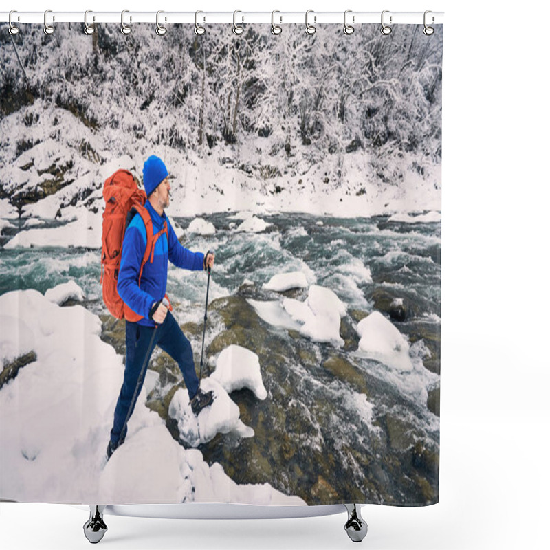 Personality  Winter Hike With A Backpack In A Mountainous Area Near The River Shower Curtains