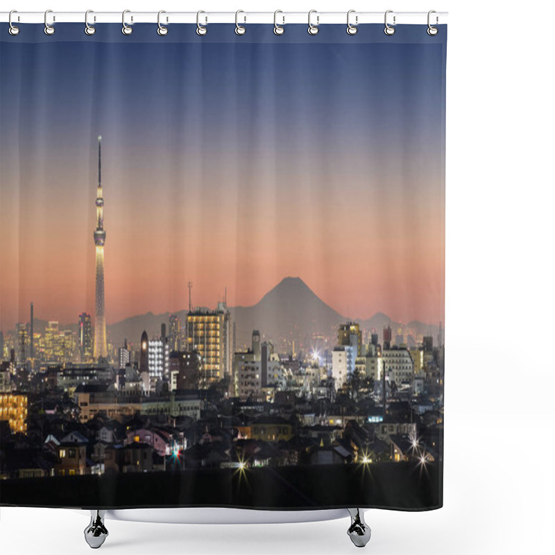 Personality  Tokyo Night View , Tokyo Skytree Landmark With Tokyo Downtown Building Area And Mountain Fuji In Winter Season Shower Curtains