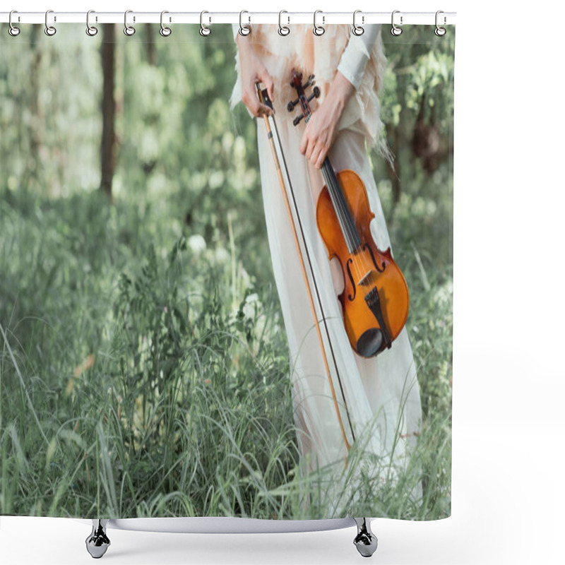 Personality  Cropped View Of Woman In White Swan Costume Standing On Forest Background, Holding Violin Shower Curtains