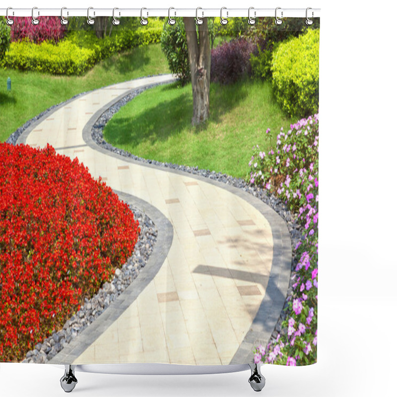 Personality  Beautiful Summer Garden With A Walkway Winding Its Way Through Shower Curtains