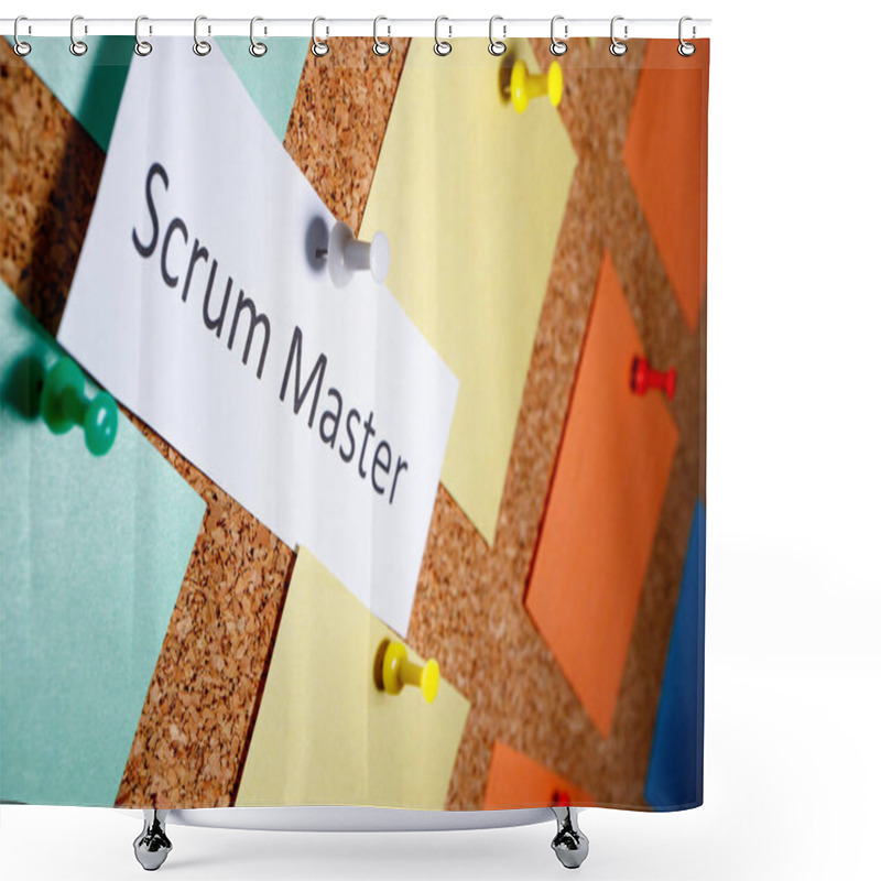 Personality  Scrum Master Is Written On A Piece Of Paper Which On A Bun Is Attached To A Board. Outgoing Perspective View Shower Curtains