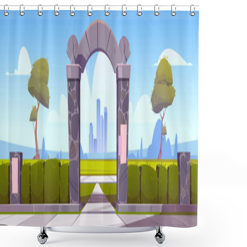 Personality  Summer Landscape With Stone Arch Entrance To Park Shower Curtains