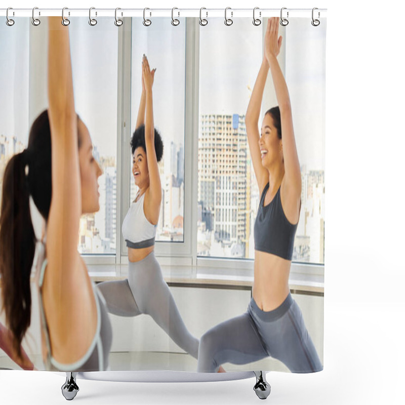 Personality  Happy African American Woman Doing Lunges With Raised Hands Near Asian Friend And Pilates Trainer Shower Curtains