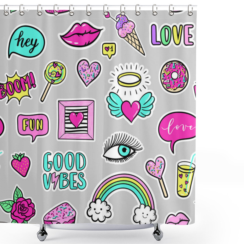 Personality  Vector Seamless Pattern With Fashion Fun Patches: Lip, Star, Strawberry, Speech Bubble On Background. Pop Art Stickers, Patches, Pins, Badges 80s-90s Style Shower Curtains