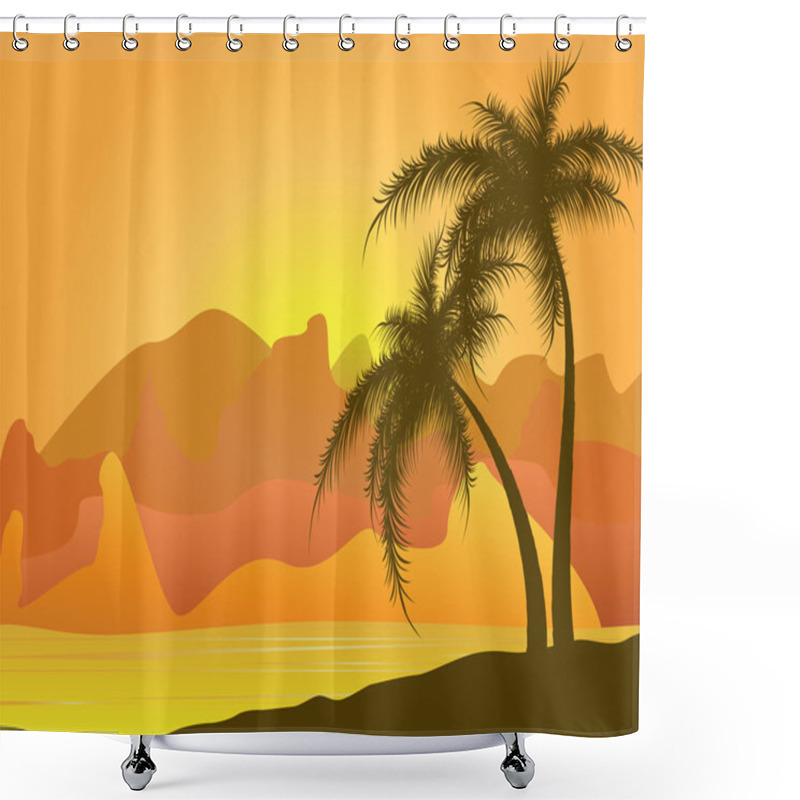 Personality  Two Palm Trees Against Mountains And Sand Shower Curtains