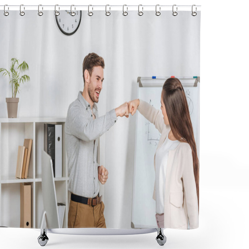 Personality  Happy Young Businessman Giving Fist Bump To Smiling Female Coworker In Office Shower Curtains