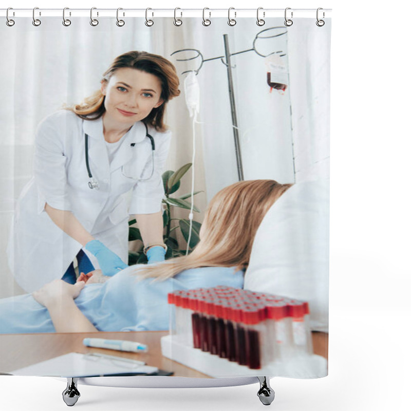 Personality  Doctor In White Coat And Donor Donating Blood In Hospital Shower Curtains