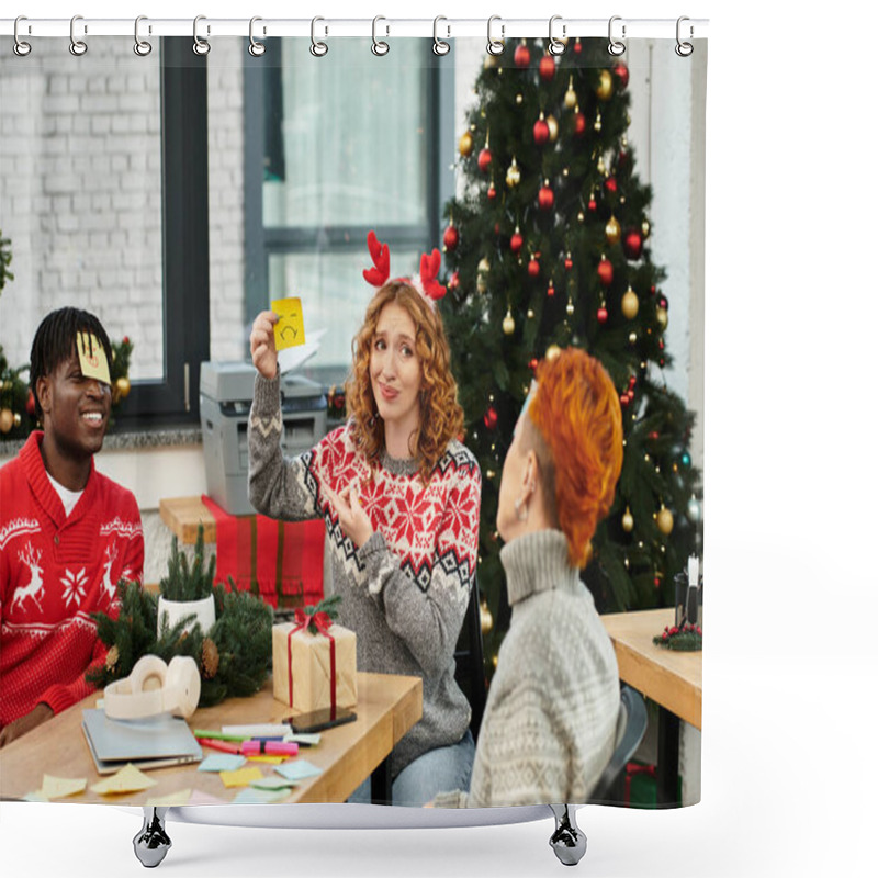 Personality  Young Professionals Engage In Joyful Holiday Games While Decorating Their Workspace For Christmas. Shower Curtains