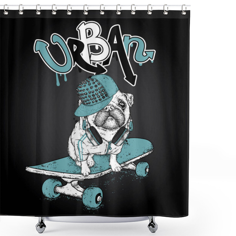 Personality  Funny Pug On A Skateboard. Vector Illustration. Pedigree Dog. Puppy Wearing A Headphones. Shower Curtains