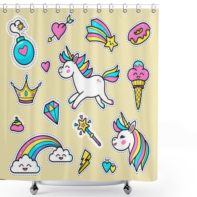 Personality  Unicorn Badge Vector Set. Shower Curtains