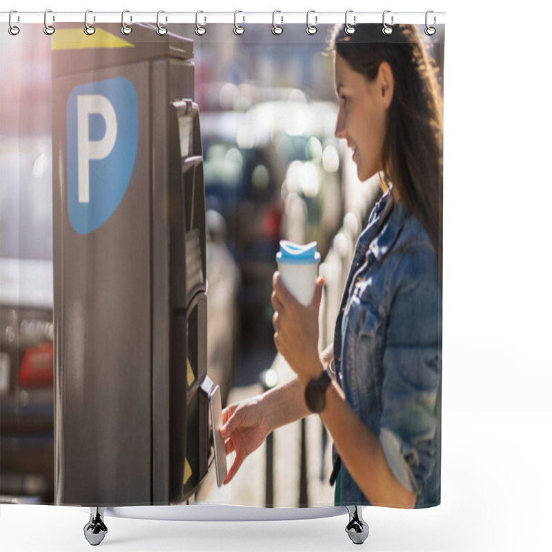 Personality  Young Woman Using Parking Machine Shower Curtains