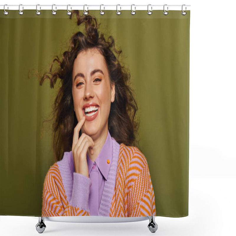 Personality  Brightly Dressed Woman Expresses Joy With A Playful Smile And Twirling Hair, Radiating Confidence. Shower Curtains