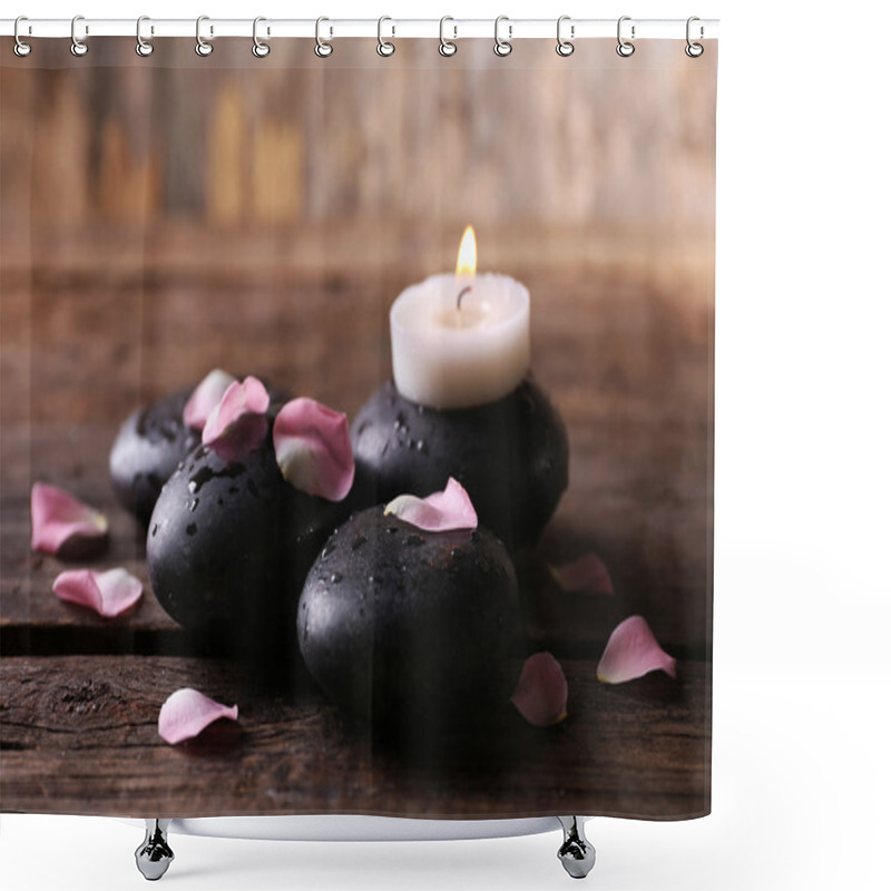 Personality  Alight Candle And Pebbles Covered With Rose Petals On Wooden Background Shower Curtains